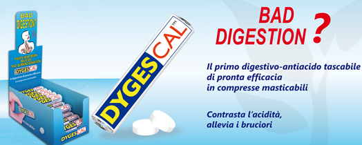 DYGESCAL Con calcio carbonato, sodio bicarbonato ed enzimi digestivi (Enzymix) rappresenta un sostegno al normale funzionamento del processo digestivo. LA DIGESTIONE consiste in una serie di trasformazioni fisico-chimiche alle quali vengono sottoposti gli alimenti e permette l'assimilazione delle sostanze nutritive. L'acidit  una fastidiosa sensazione legata all'aumento da parte dello stomaco di acido cloridrico, normalmente necessario, in quantit regolari, per la digestione. E alta la percentuale delle persone che soffrono di dispepsia ossia di disturbi attribuiti alla regione gastroduodenale e riferiti alla parte alta dell'addome (fra ombelico e parte inferiore dello sterno). Agitazione, ansia e stress od una alimentazione scorretta si ripercuotono a livello gastroenterico con intensit diversa fra i vari soggetti e possono aggravare i problemi di "cattiva digestione". Il cibo che sembra pesare sullo stomaco, la sensazione di aver mangiato troppo gi dopo i primi bocconi, la pancia gonfia e dolente quando ci si alza da tavola, malessere generale: ecco descritti alcuni sintomi caratteristici di cattiva digestione che si manifestano subito dopo il pasto