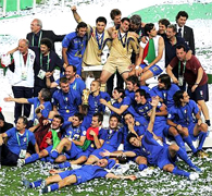 WE ARE THE FOOTBALL SOCCER WORLD CHAMPIONS... For only the second time in World Cup history, the final was settled on a penalty shootout. Fabio Grosso, the goal hero in the semifinal against Germany, scored the winning penalty for four-time champions Italy... Materazzi had been busy at both ends of the field. The Italian defender conceded a penalty and scored a goal in the first half to even the match against France at 1-1 in the World Cup final